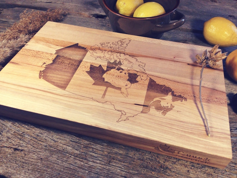 Hard Maple Canuck Cutting Board Laser Engraved With "Map of Canada" Design