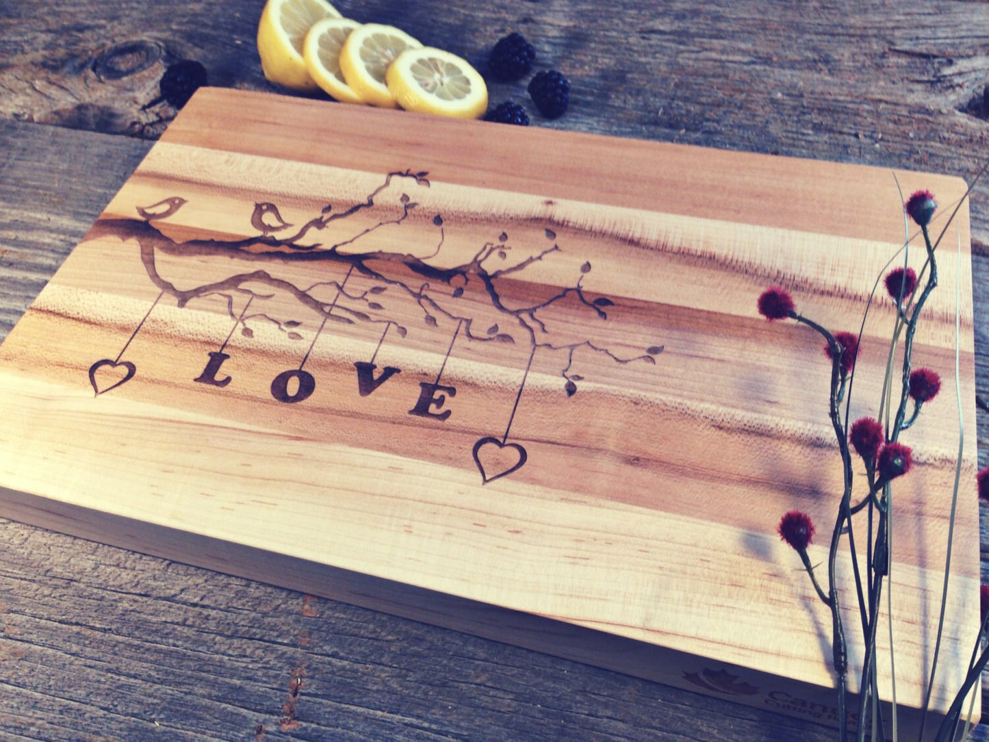 Hard Maple Canuck Cutting Board Laser Engraved With "Love Birds" Design