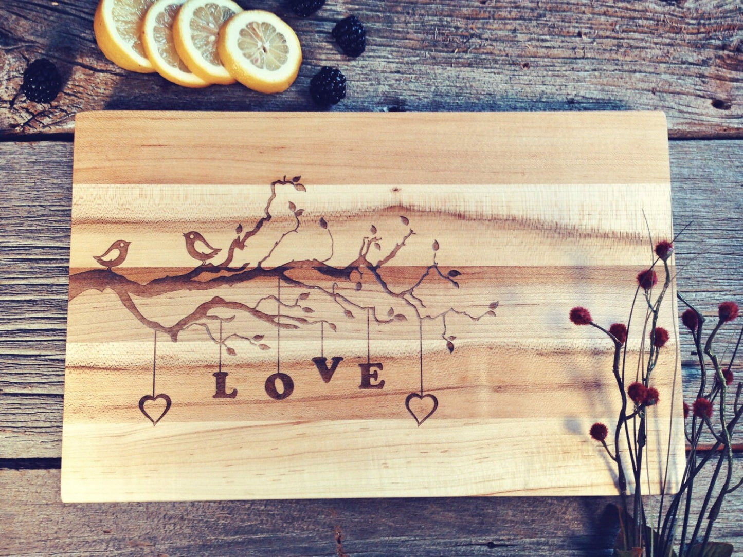 Hard Maple Canuck Cutting Board Laser Engraved With "Love Birds" Design