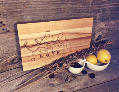 Hard Maple Canuck Cutting Board Laser Engraved With "Love Birds" Design