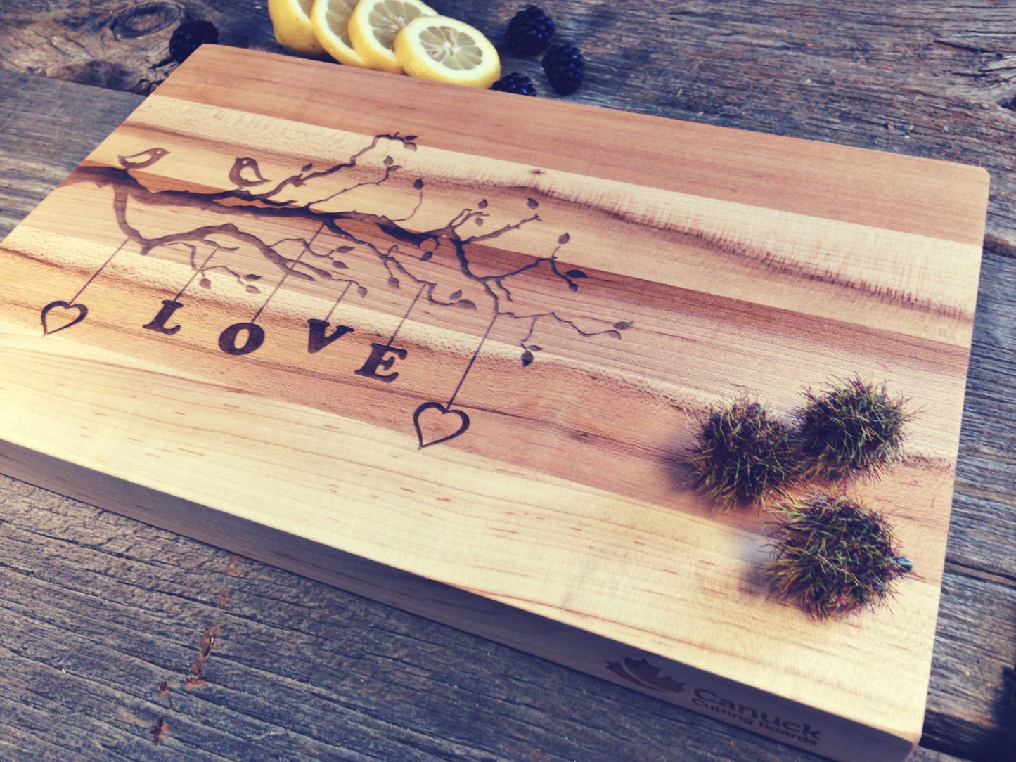 Hard Maple Canuck Cutting Board Laser Engraved With "Love Birds" Design